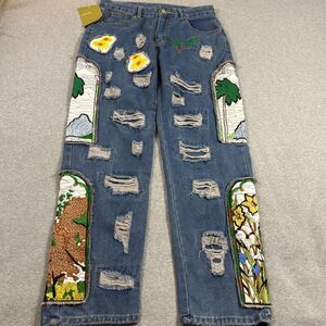 Fashion Embroidered Patchwork Distressed Jeans Mens XL Blue Stained Glass Floral